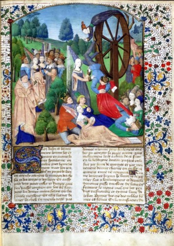 From an edition of Boccaccio's De Casibus Virorum Illustrium showing Lady Fortune spinning her wheel.