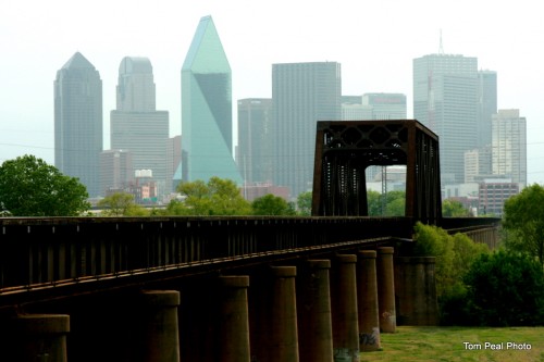 View from levee end of railway bridge over Trinity River west of downtown Dallas TX 4-7-11