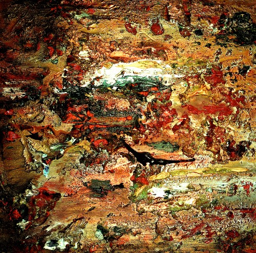 mixed media, oil on wood.