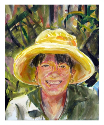 watercolor on paper--<br /><br />Betty . . .<br /><br />A middle-aged happy woman in the sun