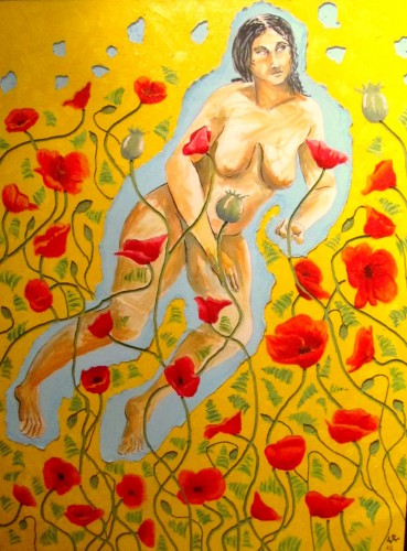 Madame Morphine<br />Oil &amp; Mixed Media On paper and routered plywood<br />3' x 4'<br />2010